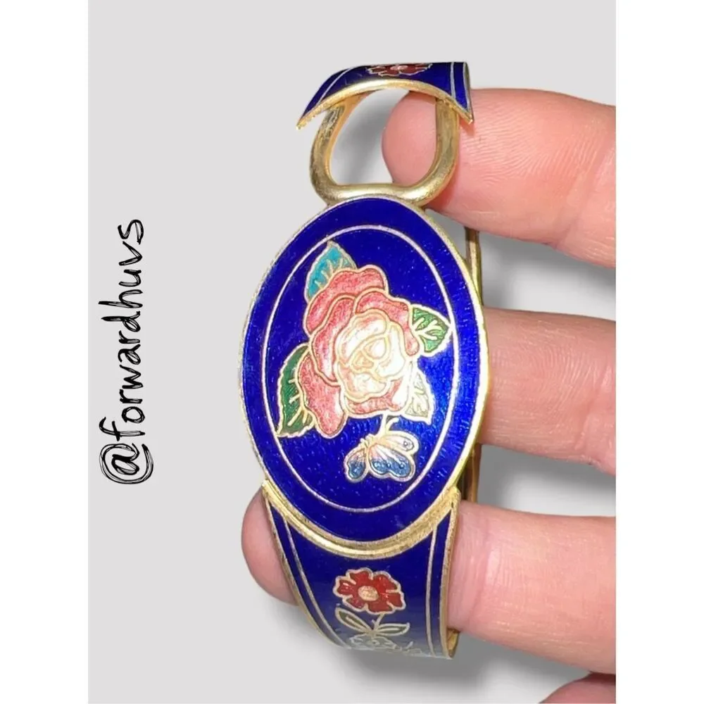 Vintage Cloisonné Clamper Flower & Butterfly Enamel Bracelet